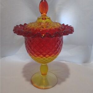 Vintage Fenton Amberina Diamond Point Ruffled Compote Candy Dish - Glows